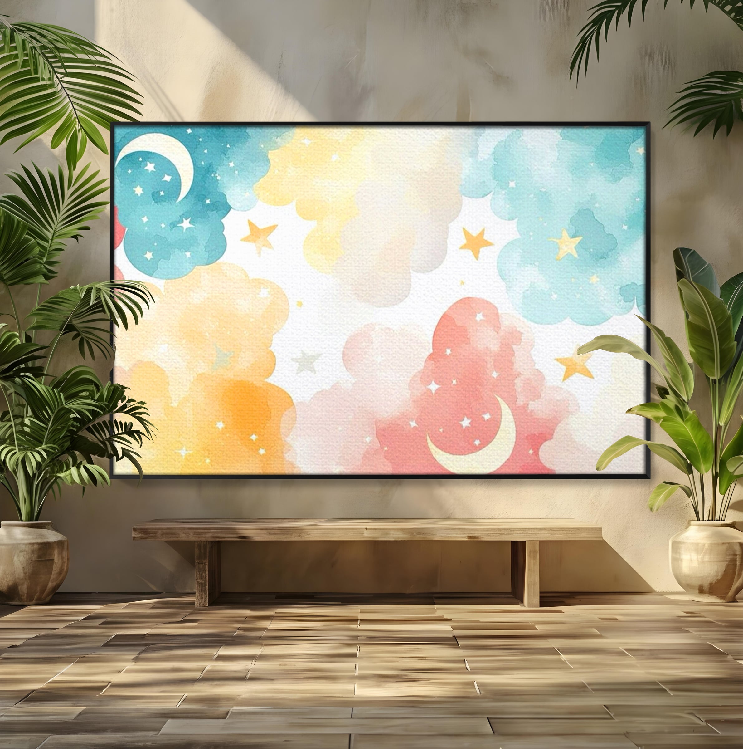 Tablou canvas cu ilustratie canvas cu nori si semiluni, in rama de aluminiu negru